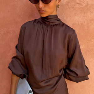 Never Fully Dressed Chocolate Tie Neck Blouse
