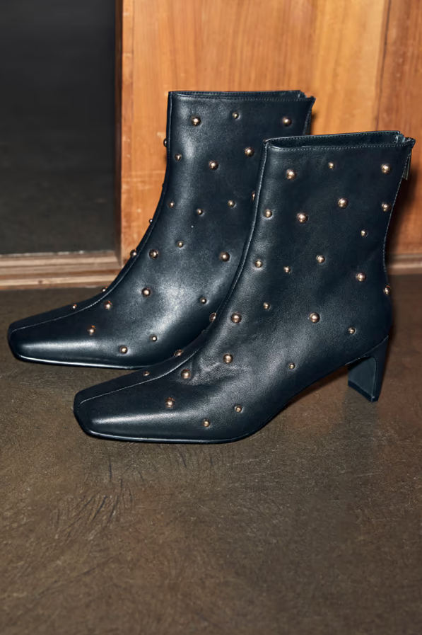 Never Fully Dressed Black Leather Boots with Gold Studs
