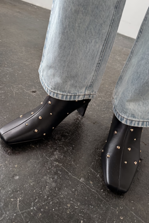 Never Fully Dressed Black Leather Boots with Gold Studs